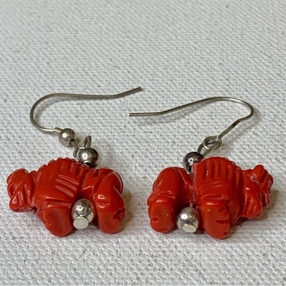 Vintage Southwestern Hand Carved Red Block Coral Buffalo Fetish Dangle Earrings - Picture 10 of 16